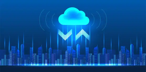 Vector illustration of Smart technology for data storage and data transmission is a popular future system used in digital cities. by working through the cloud system It is a network that sends data all over the world.