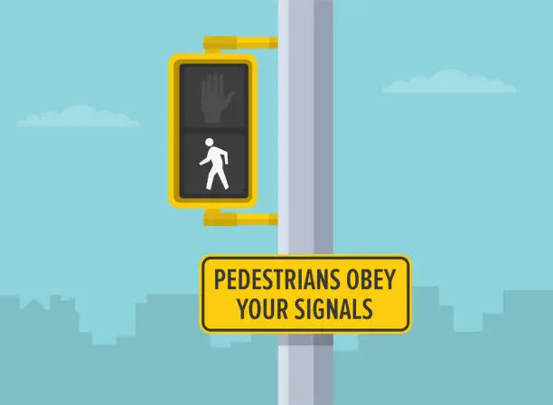 Vector illustration of Pedestrian safety tips and traffic regulation rules. Close-up pedestrian traffic signal. 