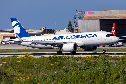 Luqa, Malta - March 18, 2023: Air Corsica Airbus A320-252N (REG: F-HXKJ) touching down runway 13.