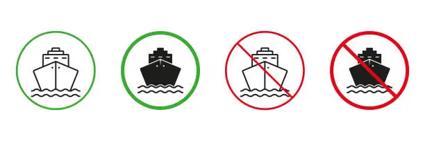 Vector illustration of Cruise Ship Line and Silhouette Icons Set. Boat Container Transportation Permit and Not Allowed Symbol Collection. Sea Transport. Cargo Marine Red and Green Road Signs. Isolated Vector Illustration