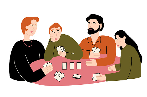 Mother, father, and kids playing a card game. Family hobby. Home pastime. Vector flat illustration on white background