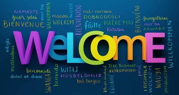 3D render of WELCOME typography with translations