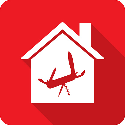 Vector illustration of a house with multipurpose knife icon against a red background in flat style.
