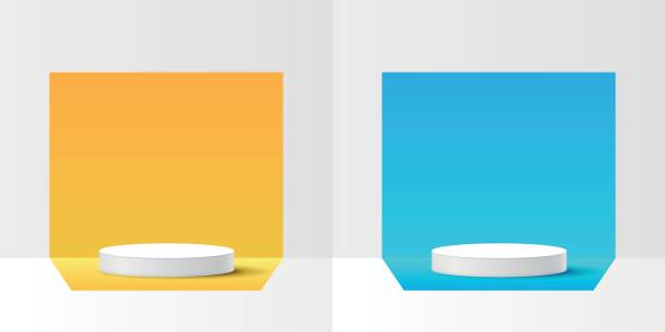 istock Yellow and blue color cylinder stand podium icon in flat style. Mockup product display vector illustration on isolated background. Stage for showcase sign business concept. 1479271480
