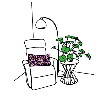 furniture in the living room with reading chair/recliner and lamp with end table with a plant to complete this drawing of a cool mcm decor