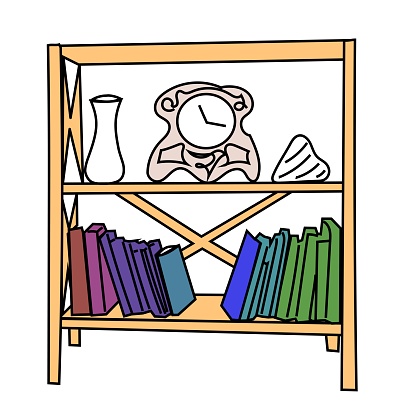 Drawing of a small shelf with books and an old fashioned clock