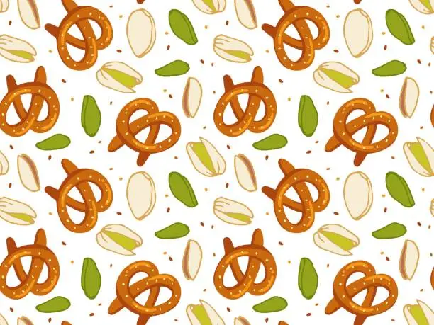 Vector illustration of Bavarian pretzel and pistachio nuts. Seamless pattern with snacks on white background. Traditional Bavarian beer snacks with salt. Repeated wallpaper, textile, wrapping, scrapbooking For pub menu