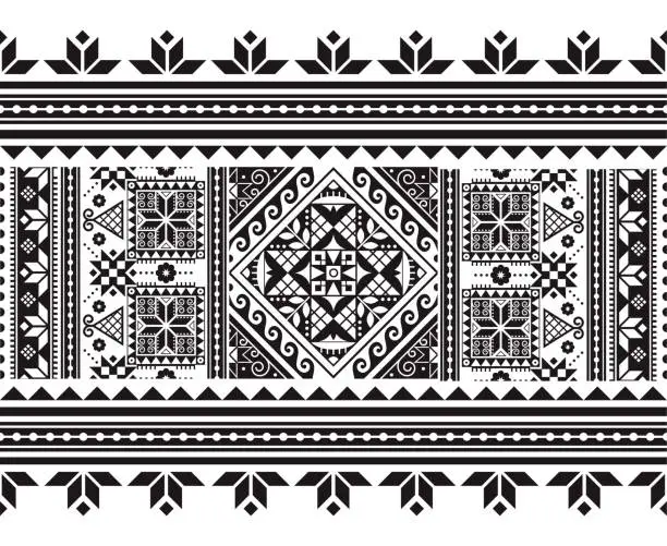 Vector illustration of Ukrainian Easter eggs Pysanky vector seamless folk art long horizontal pattern - Hutsul traditional geometric design in black and white