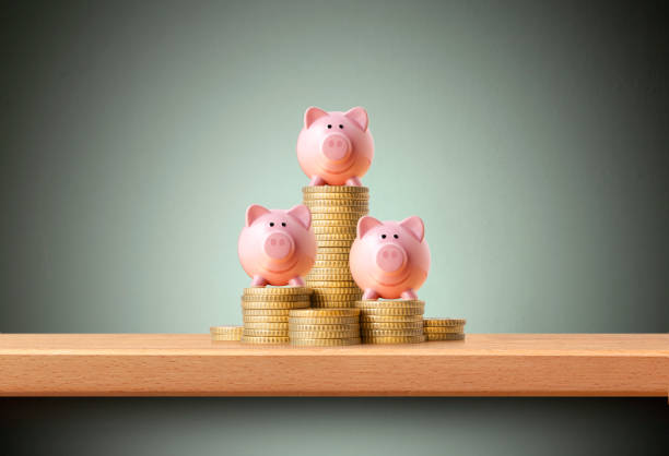 Piggy banks on stacks of gold coins stock photo
