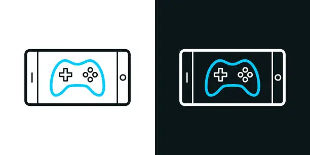 Vector illustration of Video game on smartphone. Bicolor line icon on black or white background - Editable stroke