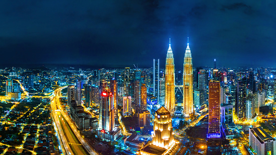 Aerial view of Kuala lumpur city at night, Malaysia.