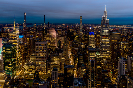 New York, USA - April 26, 2022: Amazing night view of NY from above. Manhattan Business District