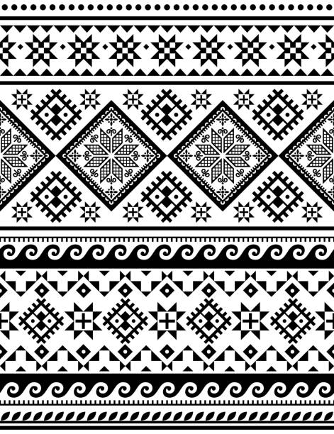 Ukrainian Hutsul Pysanky vector seamless pattern with waves, stars and geometric shapes, folk art Easter eggs repetitive design in black and white Traditional monochrome ornamental design from Hutsulshchyna in Ukraine, repetitive background or wallpaper slavic culture stock illustrations