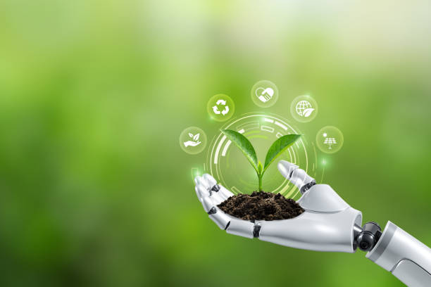 istock Environmental technology concept. Robot hand holding small plants with Environment icon.Artificial Intelligence and Technology ecology. Green technology and Environmental technology.SDGs.Ai. 1479280331