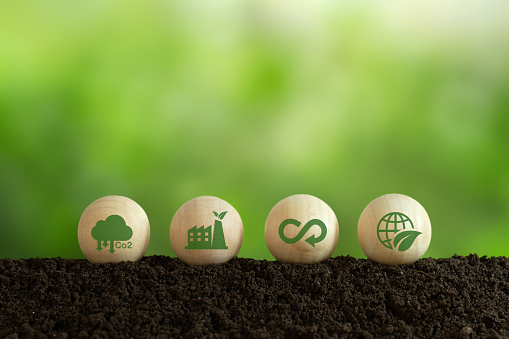 Growing sustainability. LCA-Life cycle assessment concept. Environment icons on wooden sphere balls on a green background. Concept of environmental impact assessment related to product value chains.