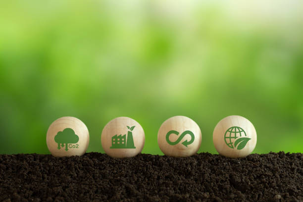 Growing sustainability. LCA-Life cycle assessment concept. Environment icons on wooden sphere balls on a green background. Concept of environmental impact assessment related to product value chains. Growing sustainability. LCA-Life cycle assessment concept. Environment icons on wooden sphere balls on a green background. Concept of environmental impact assessment related to product value chains. larnaca international airport stock pictures, royalty-free photos & images