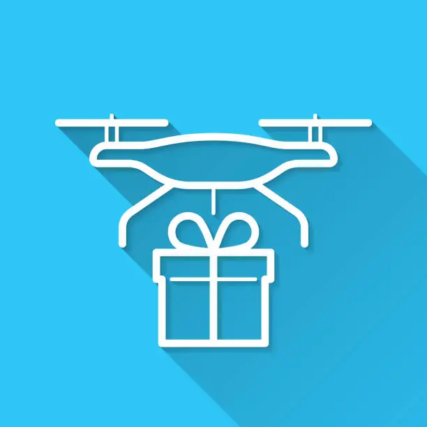 Vector illustration of Delivery drone with gift. Icon on blue background - Flat Design with Long Shadow