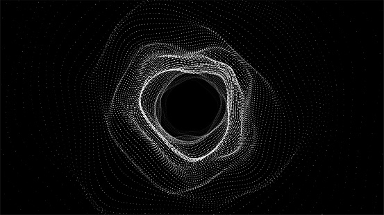 Abstract dynamic wireframe tunnel on dark background. Deep wave wormhole. Futuristic particle flow.