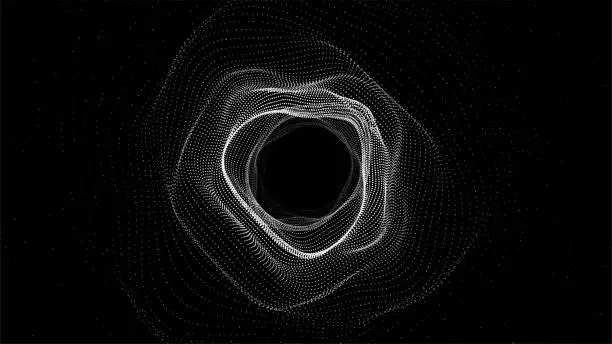 Vector illustration of Abstract dynamic wireframe tunnel on dark background. Deep wave wormhole. Futuristic particle flow. Vector illustration.