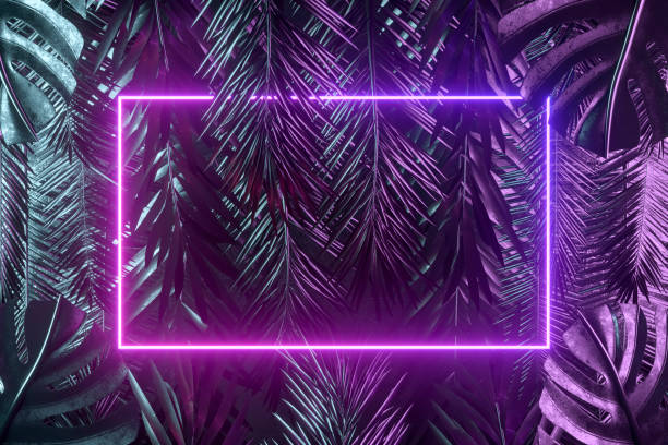 istock Tropical palm tree and monstera leaves with neon lightning frame, abstract background 1479282586