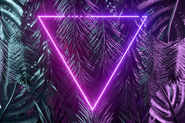 istock Tropical palm tree and monstera leaves with neon lightning frame, abstract background 1479282703
