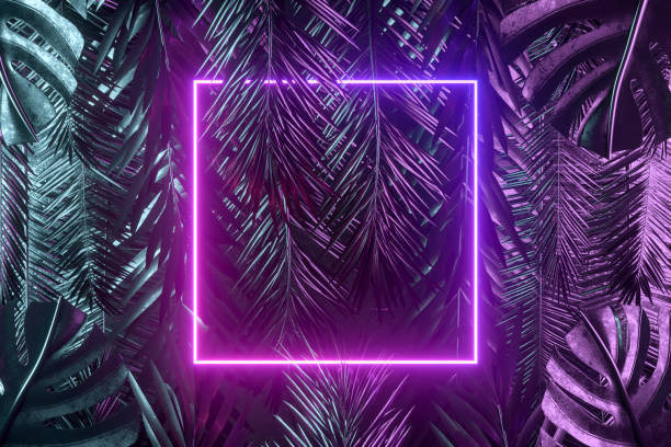 istock Tropical palm tree and monstera leaves with neon lightning frame, abstract background 1479282763