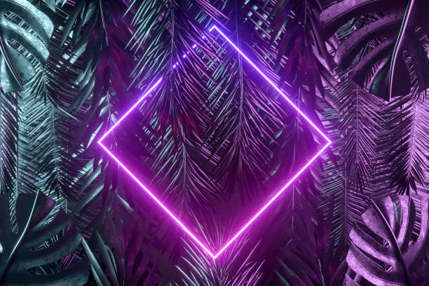 istock Tropical palm tree and monstera leaves with neon lightning frame, abstract background 1479282838