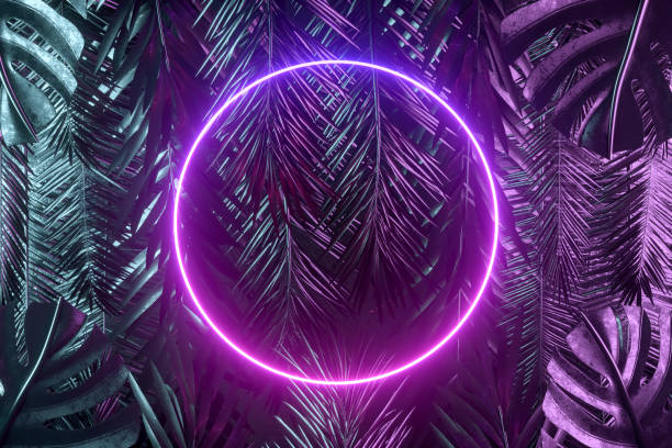 istock Tropical palm tree and monstera leaves with neon lightning frame, abstract background 1479282868
