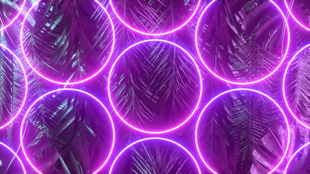 istock Tropical palm tree and monstera leaves with neon lightning frame, abstract background 1479283742