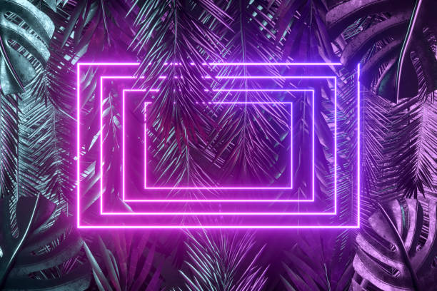 istock Tropical palm tree and monstera leaves with neon lightning frame, abstract background 1479283763