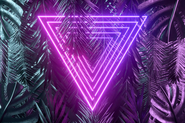 istock Tropical palm tree and monstera leaves with neon lightning frame, abstract background 1479283862