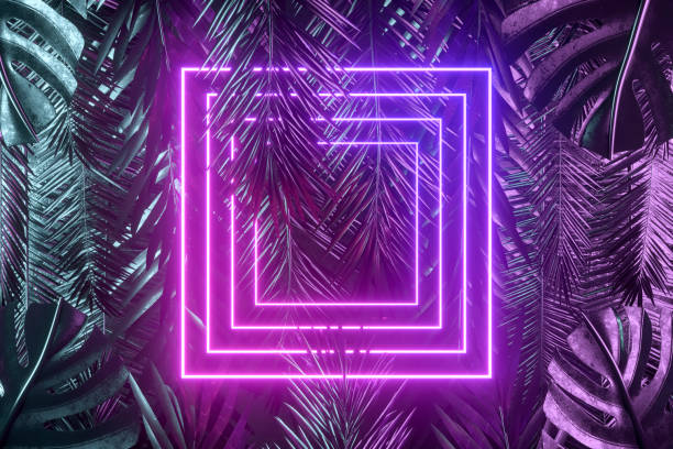 istock Tropical palm tree and monstera leaves with neon lightning frame, abstract background 1479283956