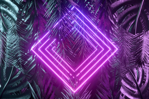 istock Tropical palm tree and monstera leaves with neon lightning frame, abstract background 1479283986