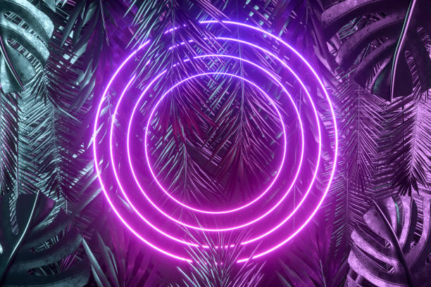 istock Tropical palm tree and monstera leaves with neon lightning frame, abstract background 1479284005