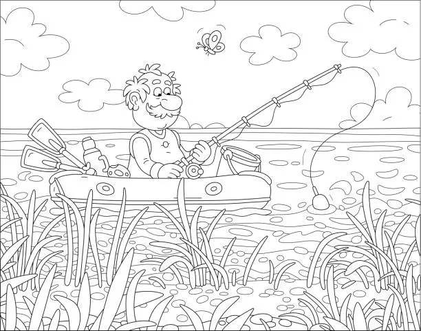 Vector illustration of Funny fisherman in his inflatable boat fishing in a lake