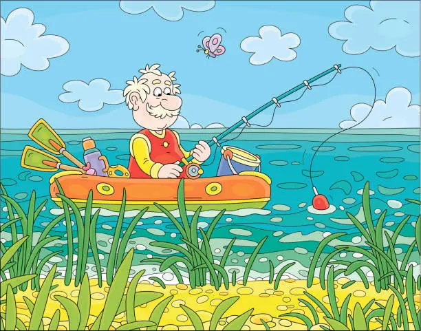 Vector illustration of Funny fisherman in his inflatable boat fishing in a lake