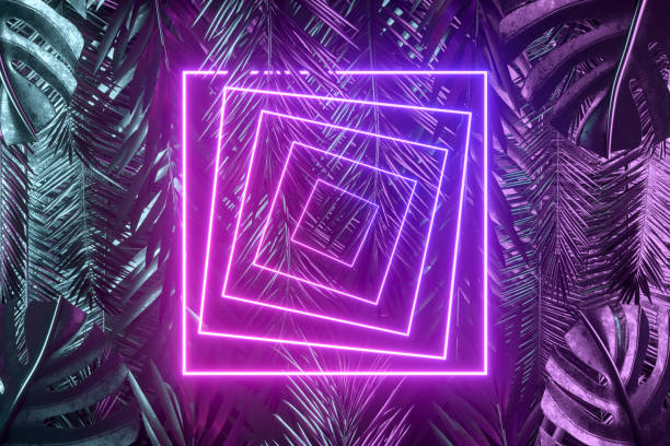 istock Tropical palm tree and monstera leaves with neon lightning frame, abstract background 1479285646