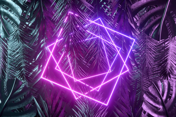 istock Tropical palm tree and monstera leaves with neon lightning frame, abstract background 1479285793
