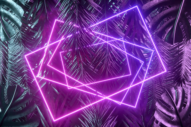 istock Tropical palm tree and monstera leaves with neon lightning frame, abstract background 1479285876