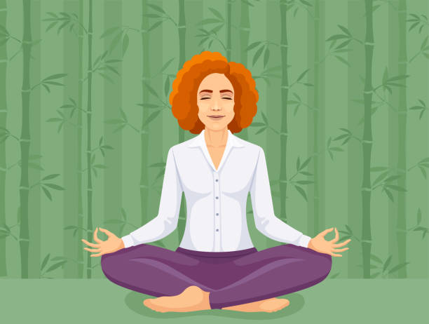рыжеволосая женщина медитирует. иллюстрация концепции медитации. - yoga women emotional stress praying stock illustrations