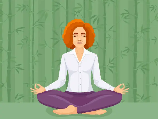 Vector illustration of Redhead Woman Meditating. Meditation concept illustration.