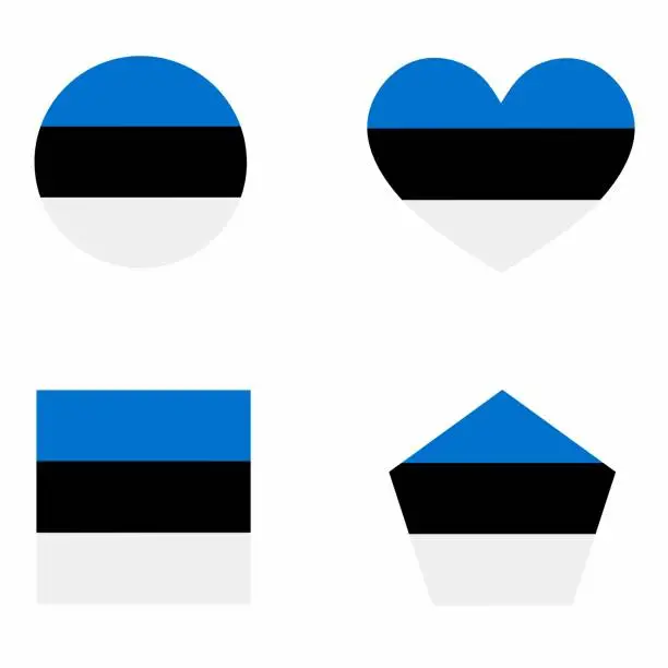 Vector illustration of Estonia flag icon set in 4 shape versions.  Vector illustration of flag in button, love, and square shapes.
