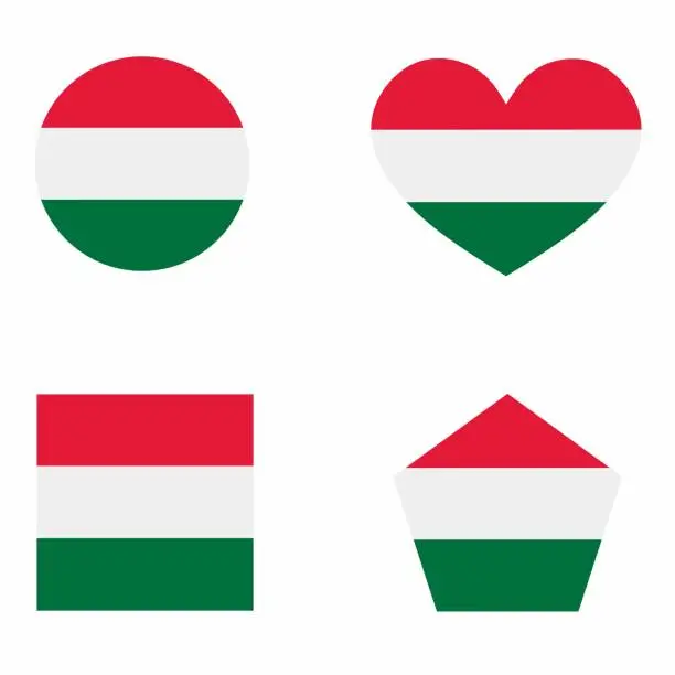 Vector illustration of Hungary flag icon set in 4 shape versions.  Vector illustration of flag in button, love, and square shapes.