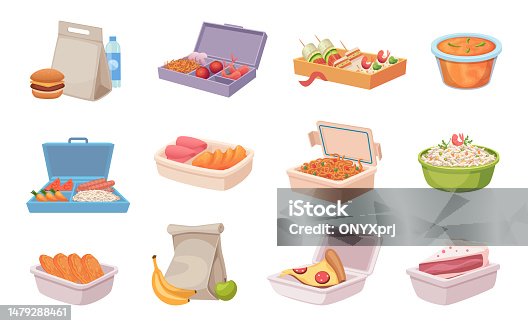 istock Lunchbox with food. Containers for fresh healthy products transporting exact vector cartoon illustrations isolated 1479288461
