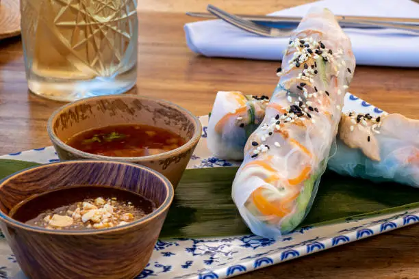 Ready to eat Gỏi Cuốn Vietnamese summer rolls, fresh ingredients wrapped in rice paper and served with sauces, making a refreshing and healthy appetizer commonly found in Vietnamese restaurants.