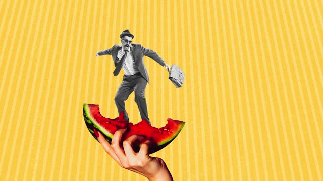 Stop motion, animation. Creative design. Stylish man in official clothes surfing on watermelon slice isolated on yellow background