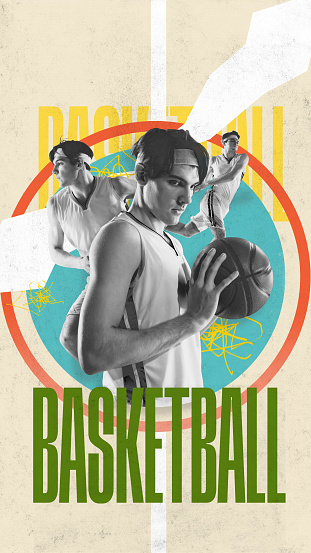 Retro style poster with potraits of young basketball player and lettering basketball. Contemporary art collage, poster. Concept of creativity, action, energy, sport, competition and ad.