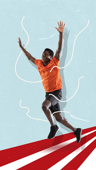 Lively male african football player running with hands up and rejoice win. Contemporary art collage, poster. Concept of creativity, action, winner emotions, sport, competition and ad.