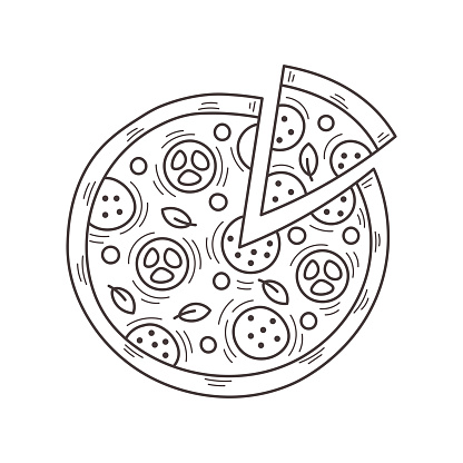Hand drawn round pizza sketch. Italian cuisine isolated element. Food vector illustration