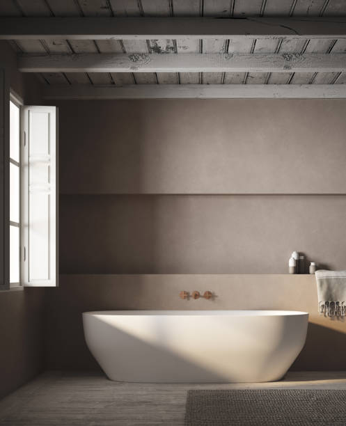 istock Bathroom in 3d, with lighting through a white wooden window 1479292432